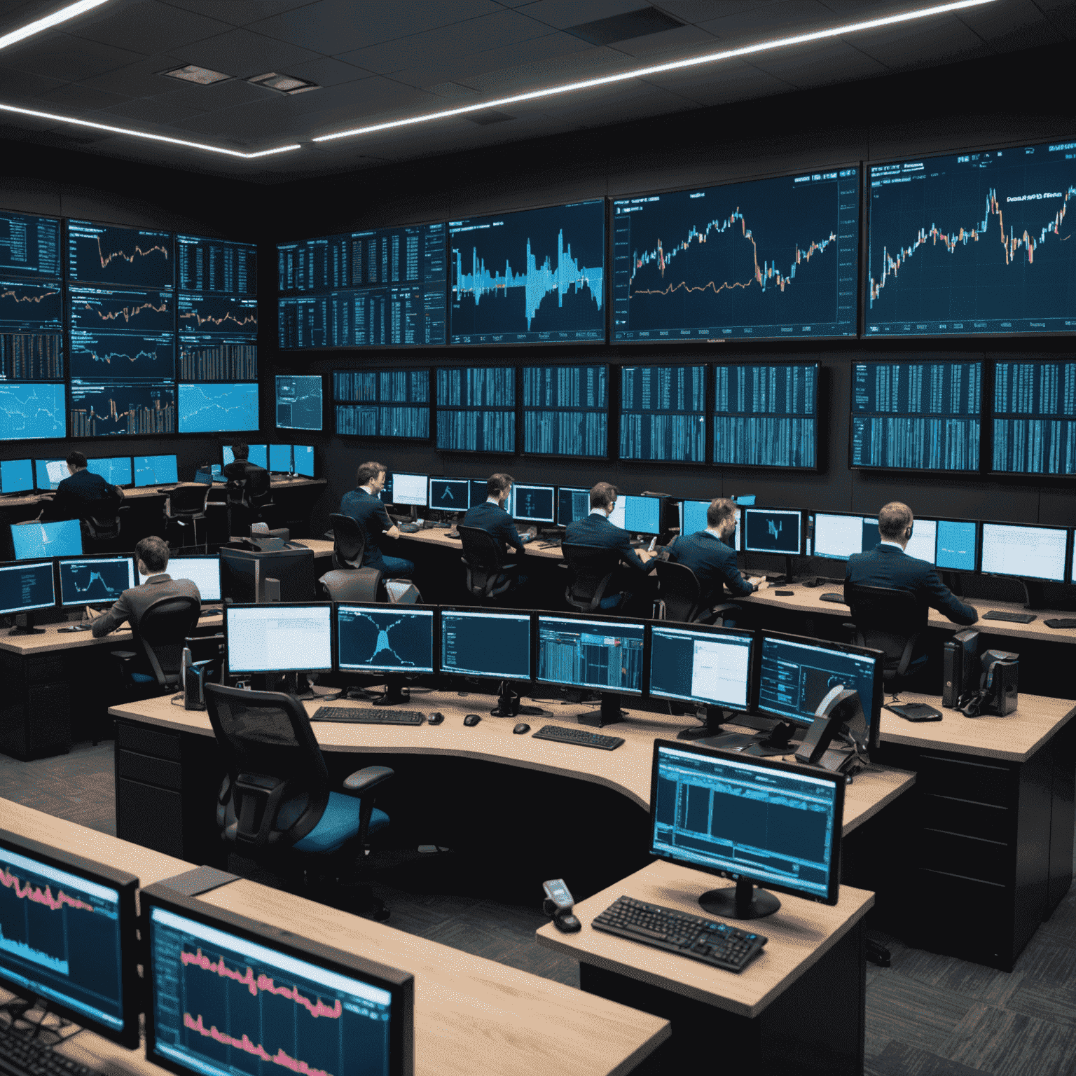 The PulseTrade team in their high-tech trading floor, surrounded by multiple screens displaying real-time market data and advanced trading interfaces