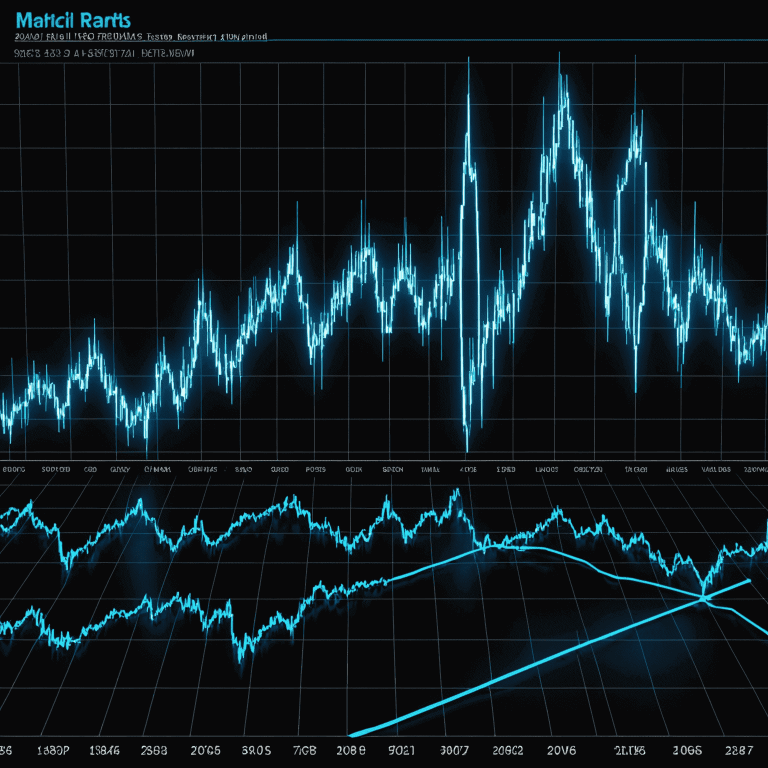 A dynamic chart showing volatile market trends with sharp peaks and troughs, overlaid with neon blue trend lines