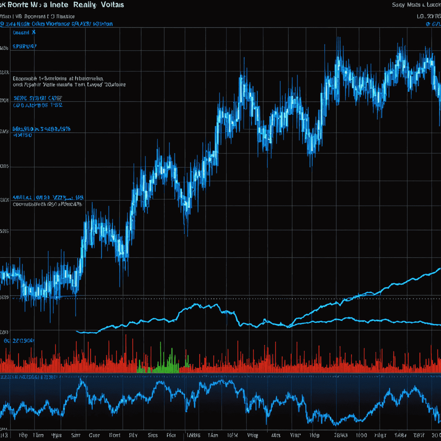 A dynamic chart showing market volatility with sharp peaks and troughs, overlaid with neon blue trend lines