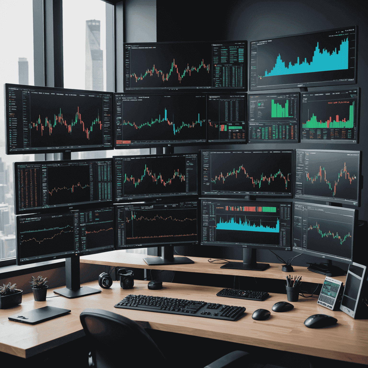 A high-tech trading desk setup with multiple monitors displaying real-time market data, charts, and trading platforms. The image showcases advanced hardware and software tools used by modern day traders.