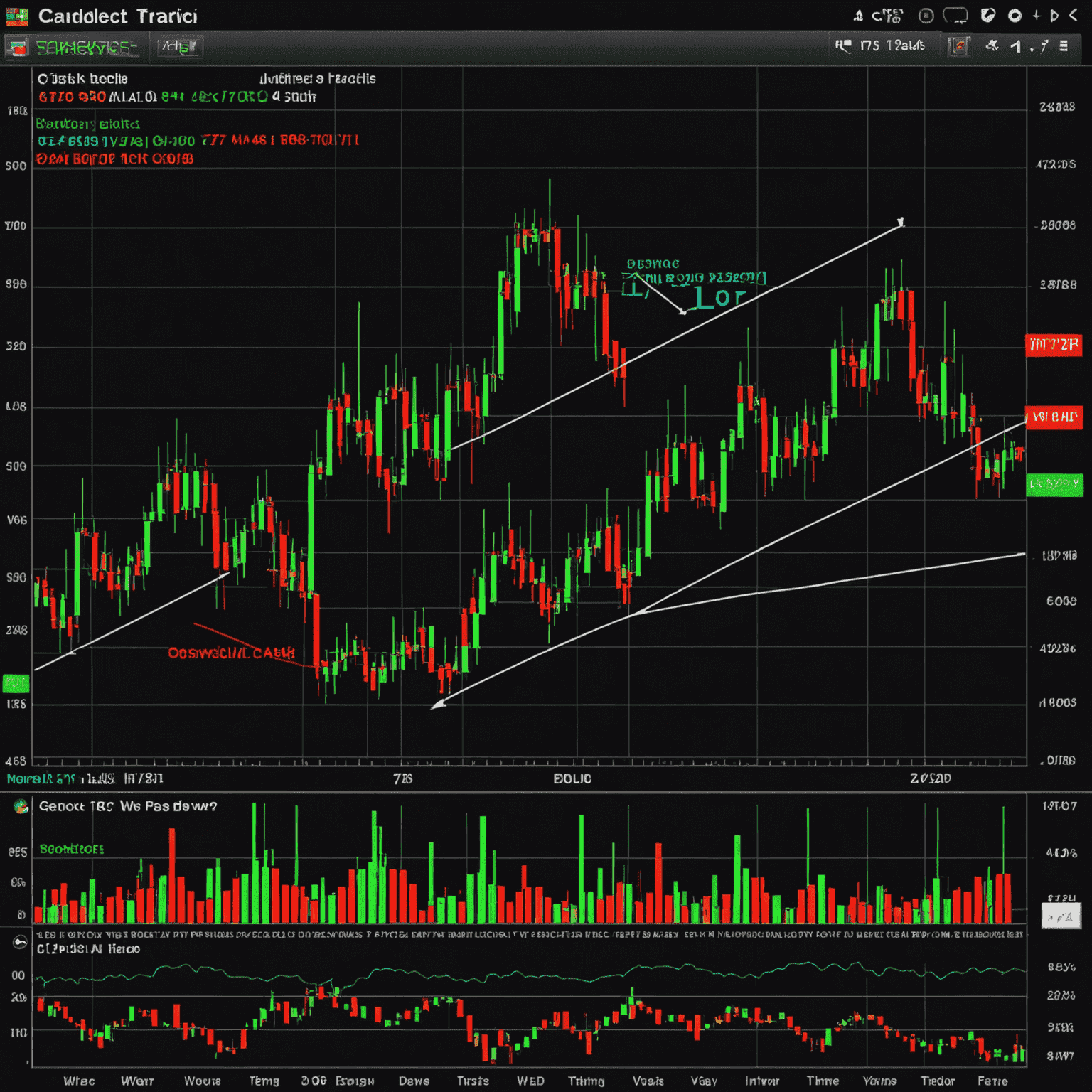 Complex trading chart with multiple indicators and trend lines overlaid on candlestick patterns, demonstrating advanced technical analysis techniques