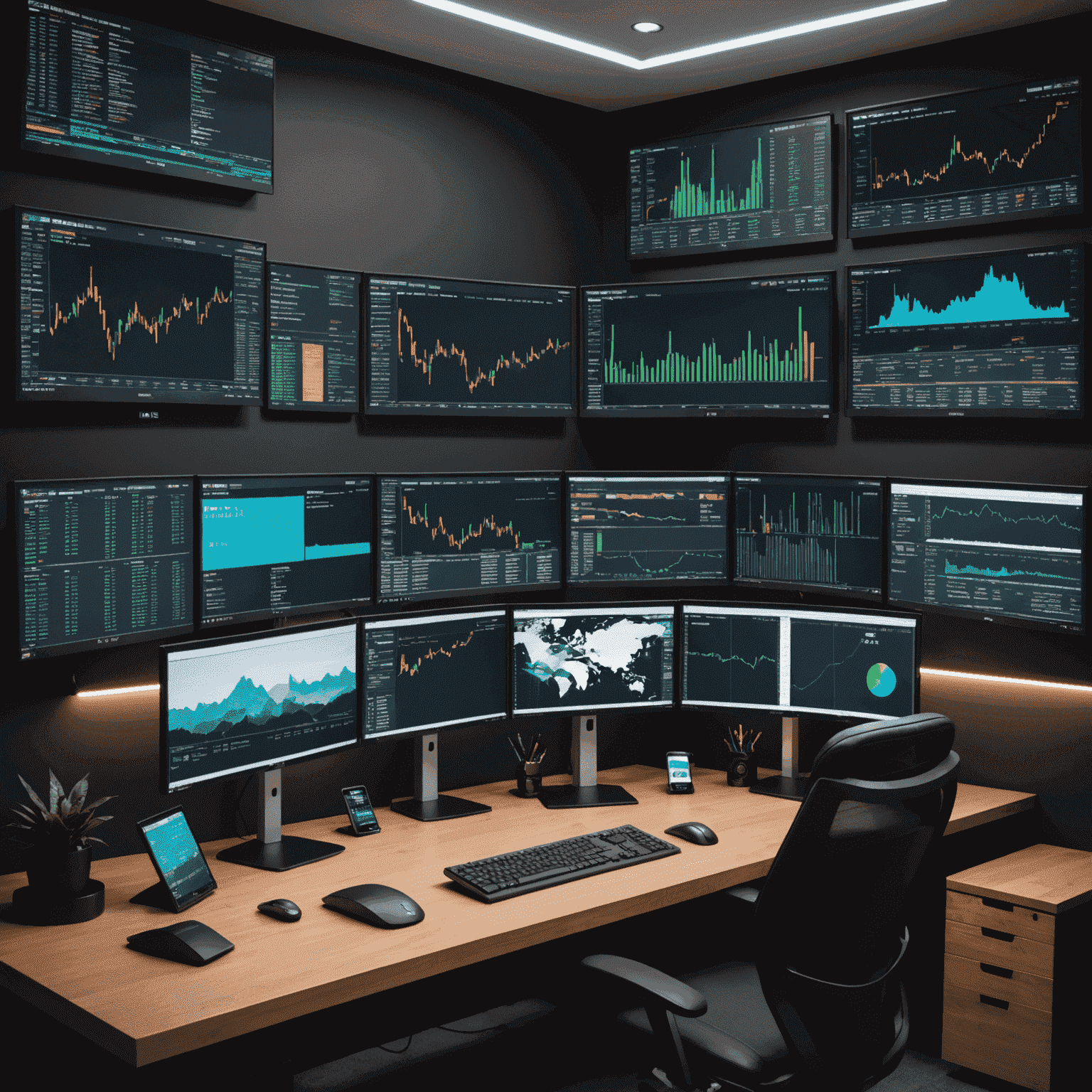 A sleek trading desk setup with multiple monitors displaying advanced trading software, real-time data feeds, and analytics dashboards