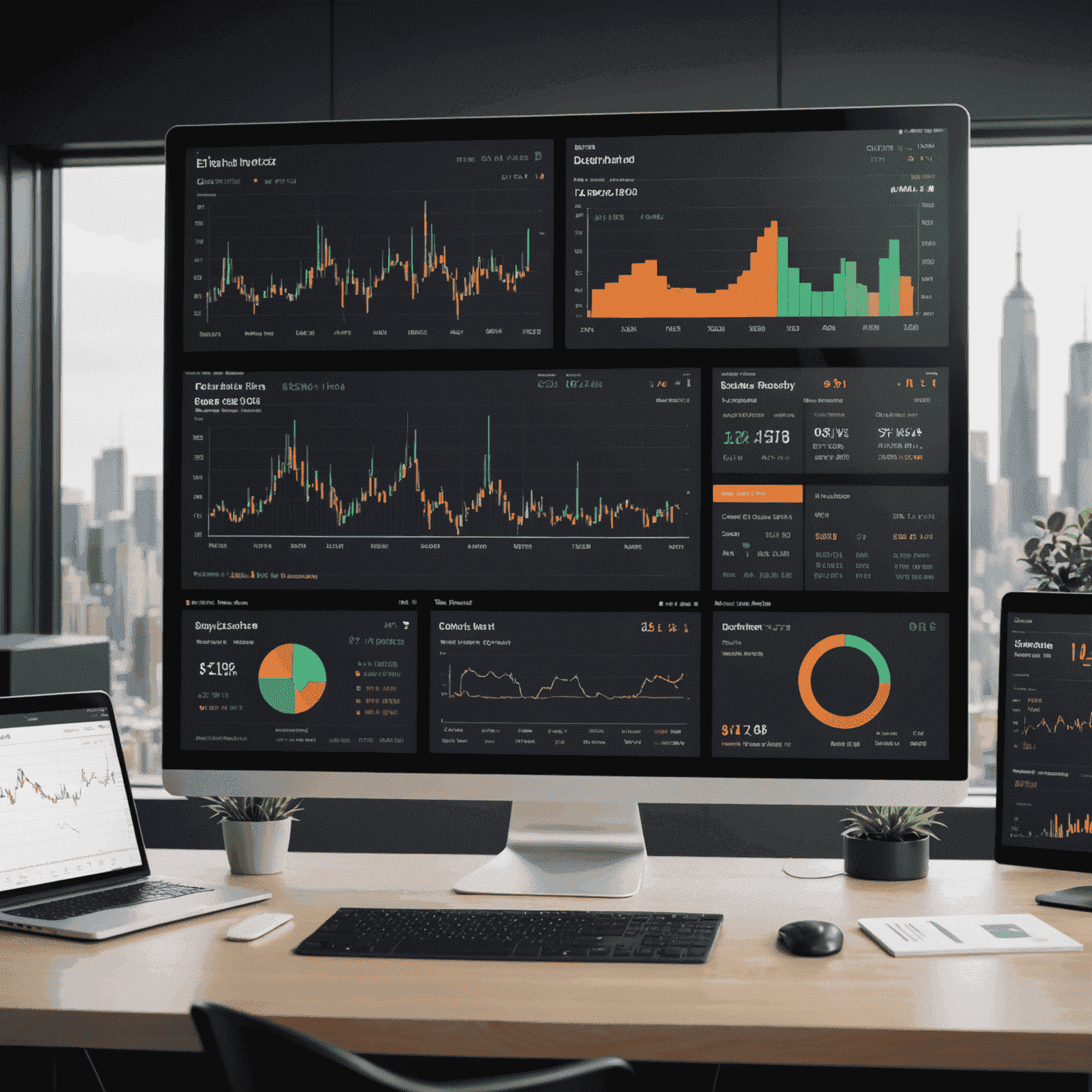A sleek trading dashboard with multiple screens showing real-time data, charts, and advanced analytics tools