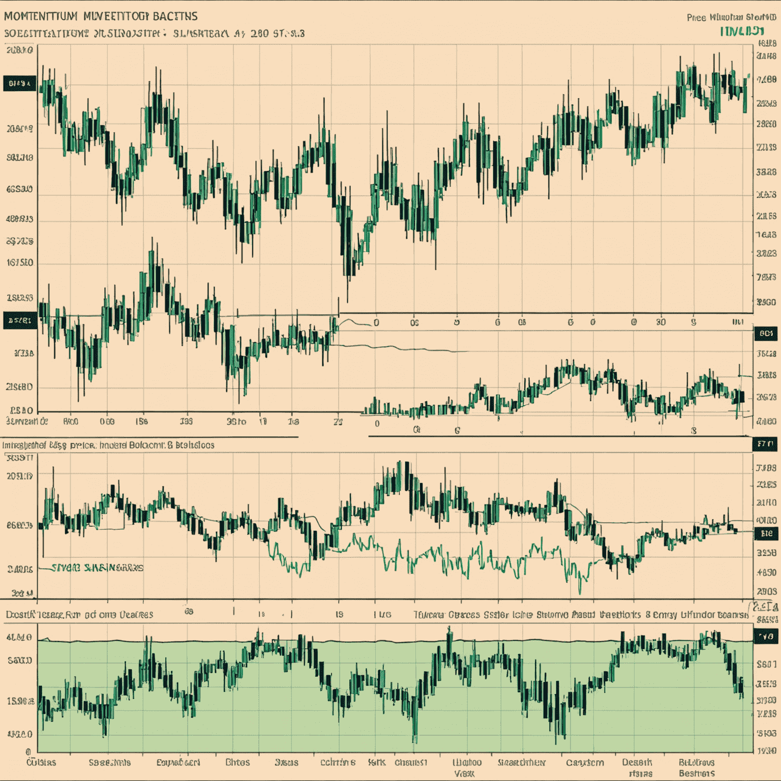 Visual representation of various momentum indicators including RSI, MACD, and Bollinger Bands on a price chart