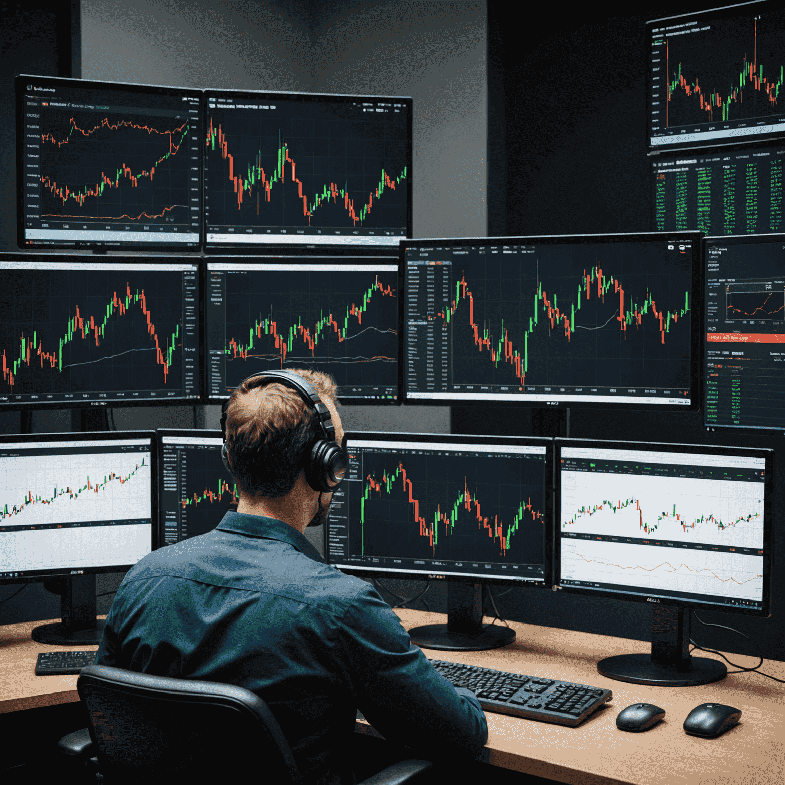 A split-screen setup showing multiple trading charts, order books, and news feeds, illustrating the intense focus and multi-tasking required for successful scalping
