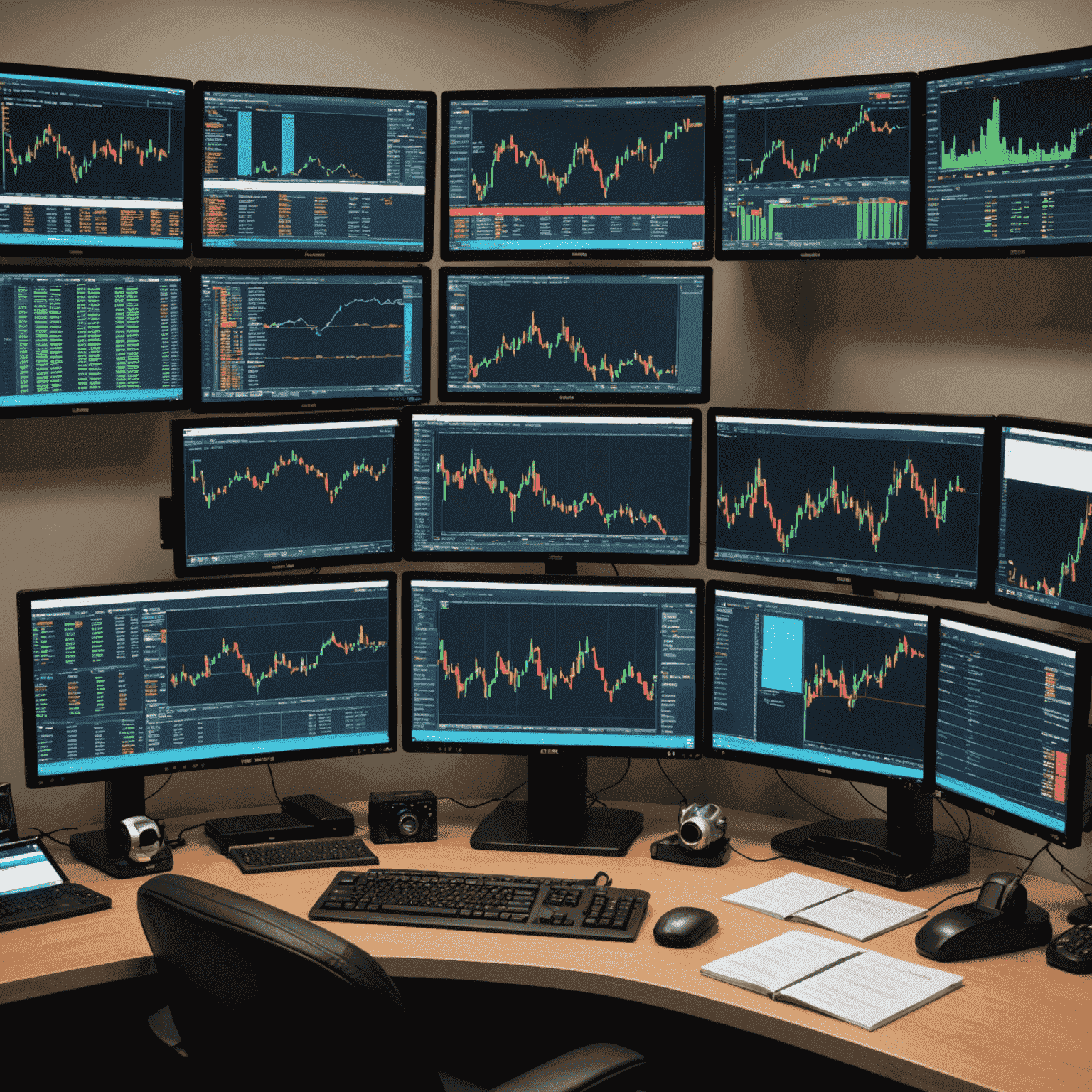 A trader's workstation showing multiple monitors with live charts, order books, and news feeds, emphasizing the importance of real-time analysis in day trading