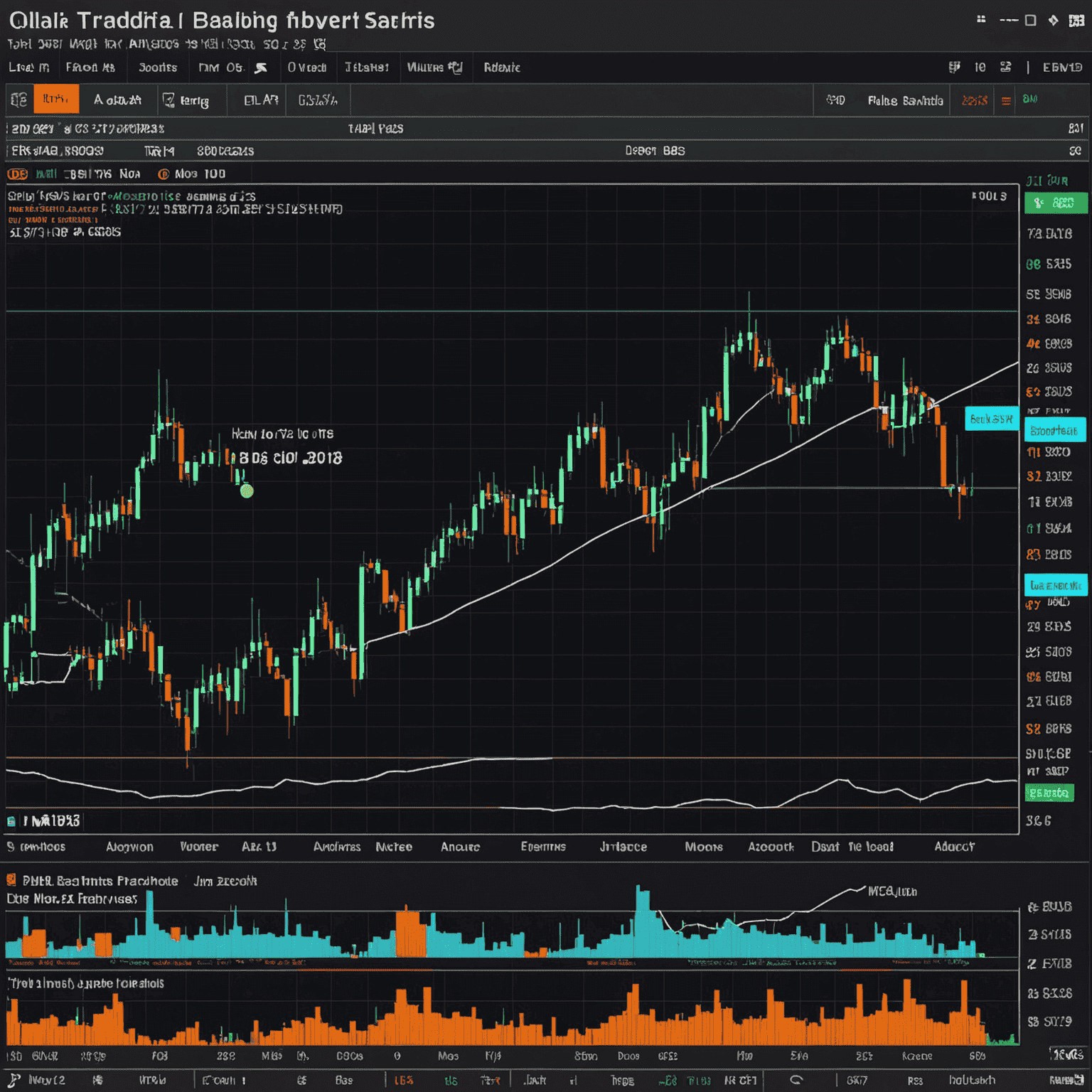 A complex trading chart with multiple indicators, trend lines, and overlays demonstrating advanced technical analysis